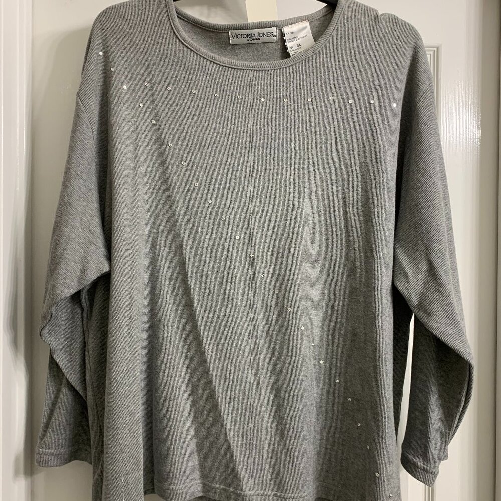 Victoria Jones Woman Gray Ribbed Shirt, Size 3X